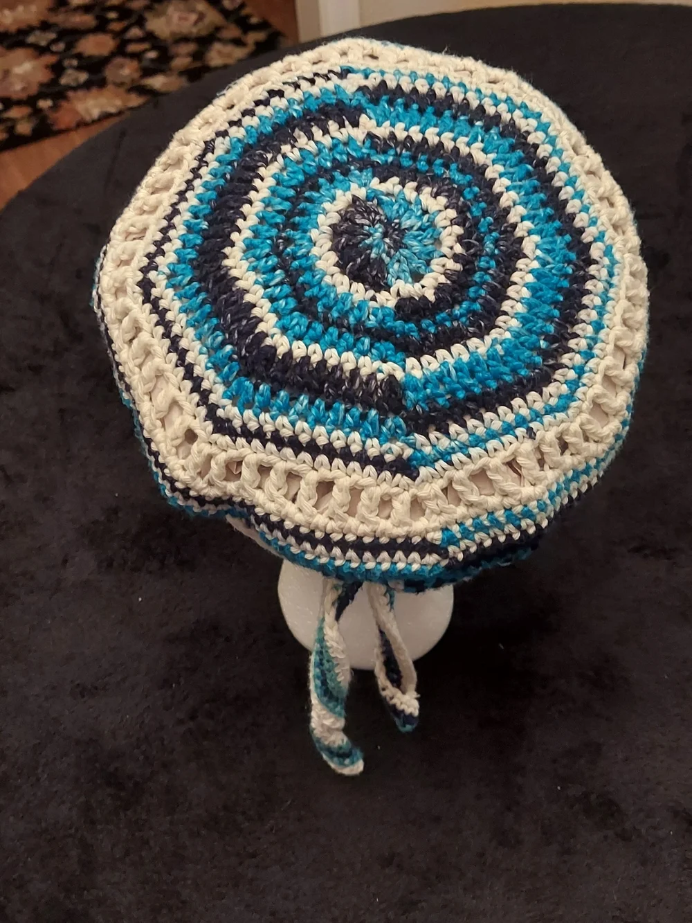 Striped Crochet Bonnet Style Hat/Scrub Cap/Hair Covering in Blue, Teal & White